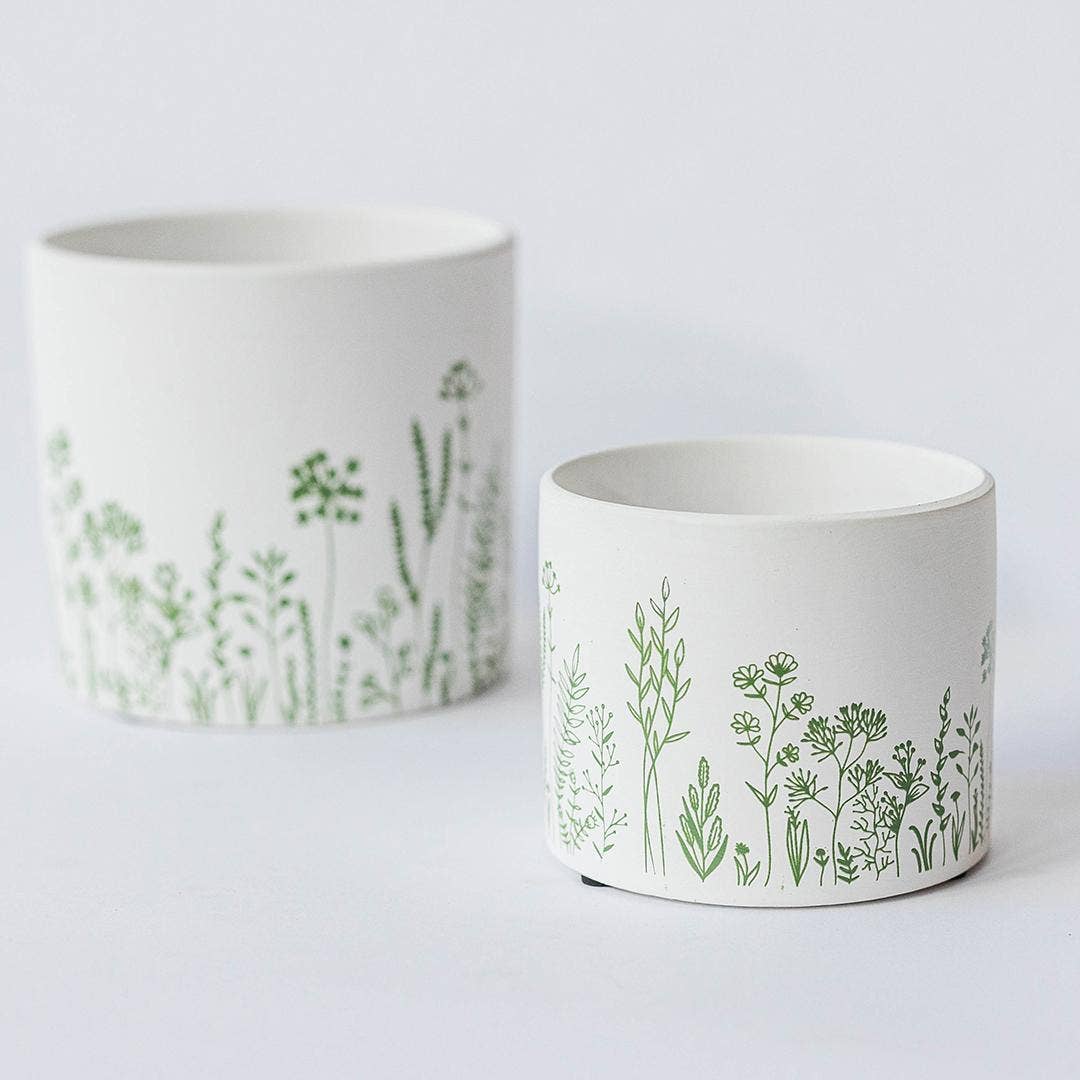 Cache-pot terre cuite - motif de fleurs déssinées