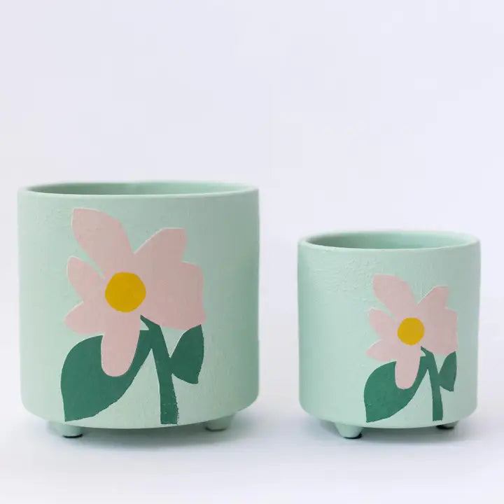 Cache-pot en terre cuite - fleur rose